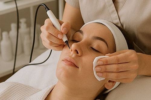 Therapist using an electrolysis probe to remove hair near a client's eyebrow